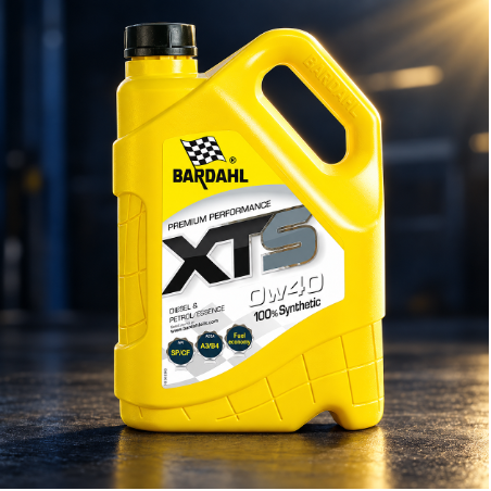 Название: Bardahl XTS 0W-40 - описание: Желтая канистра моторного масла Bardahl XTS 0W-40 в солнечном свете